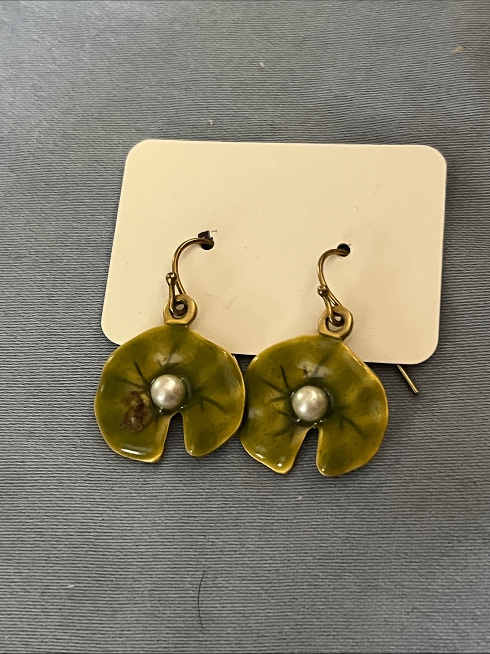 #68 Olive Enamel & White Pearl Monet Water Lilies Drop Earrings